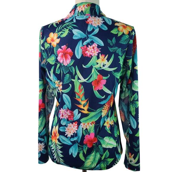 Gottex Blue Green Pink Floral Activewear Sun Shirt Mock Neck 1/2 Zip Shirt Top S - Picture 3 of 4